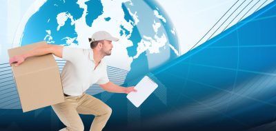 Digital composition of delivery man carrying cardboard box and holding clipboard